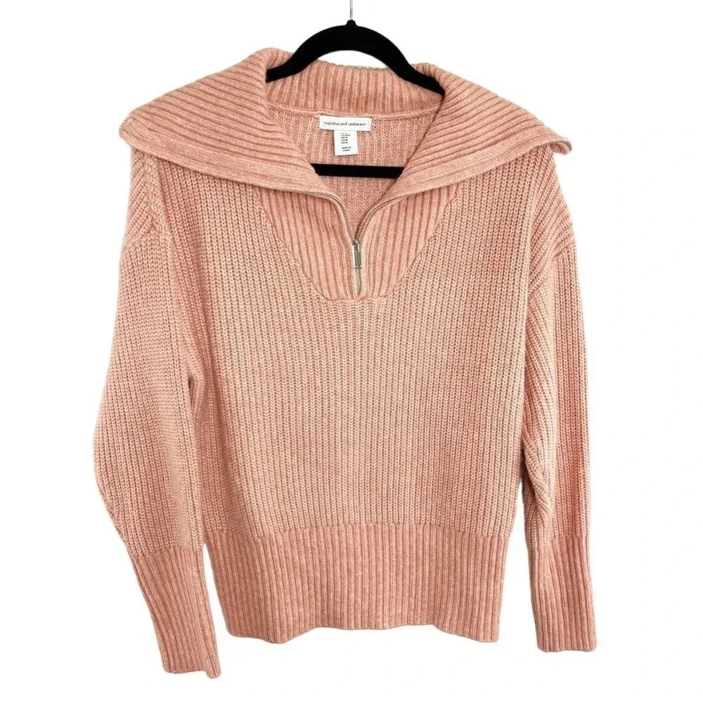 Cupcakes & Cashmere Pink Ribbed Zipper Neck Pullover Sweater Women's Size Medium